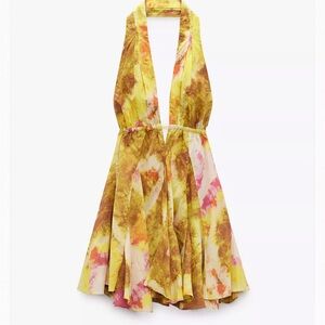 Zara Yellow Tie-Dye Halter Mini Dress